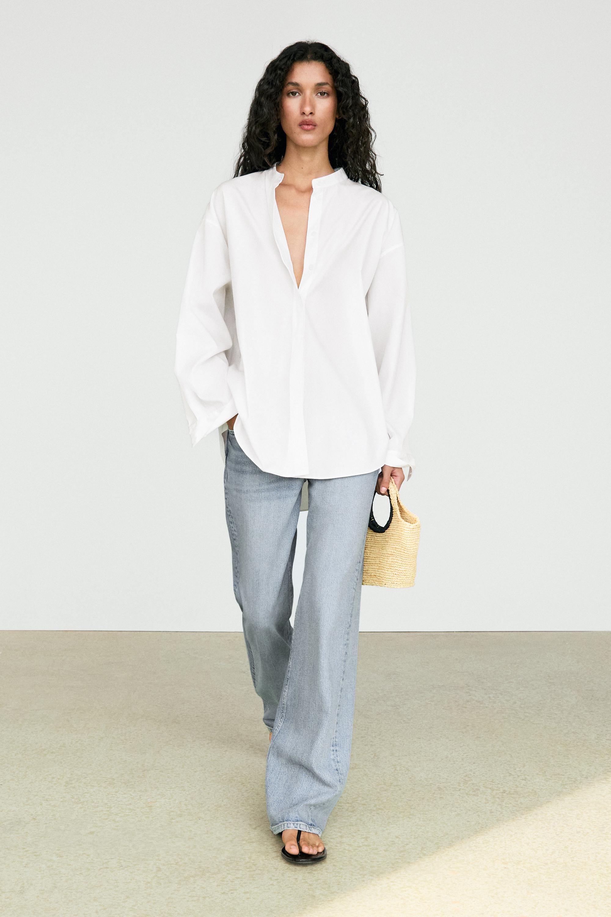 Poplin shirt with stand collar